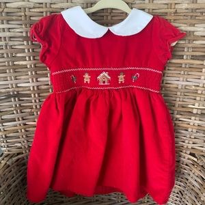 2T Smocked Red Peter Pan Collar Corduroy Dress with Gingerbread embroidery